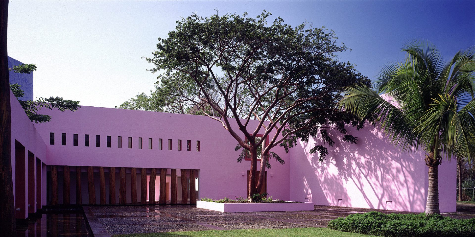 Casa Fernández: patio con muros rosas, árbol y columnata de troncos